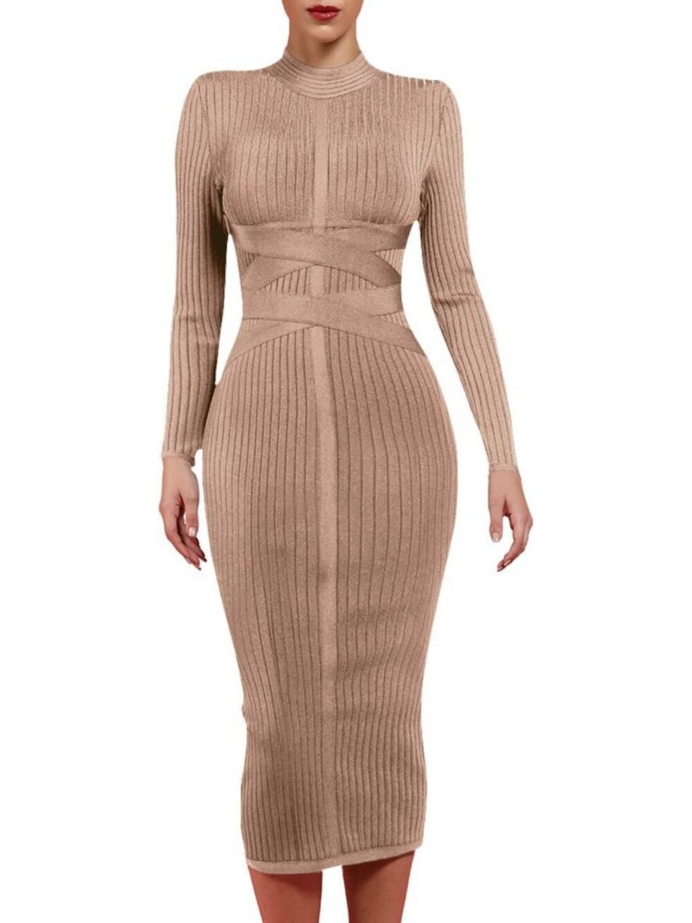 Chic Women's Ribbed Long Sleeve Midi Dress - Cross Strap Bodycon for Fall/Winter